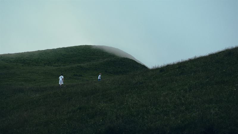 Two small figures on a smooth green hillside under mist