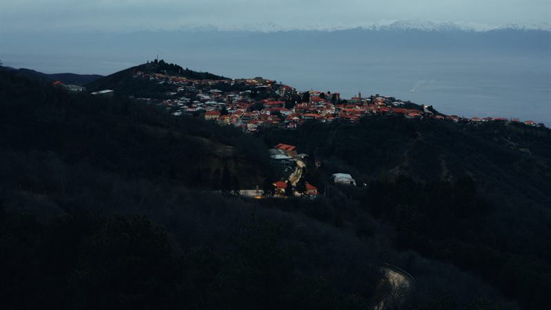 A hill town of red roofs above the sea