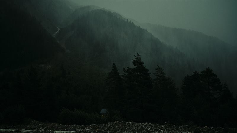 Mist hanging over a dark forested gorge